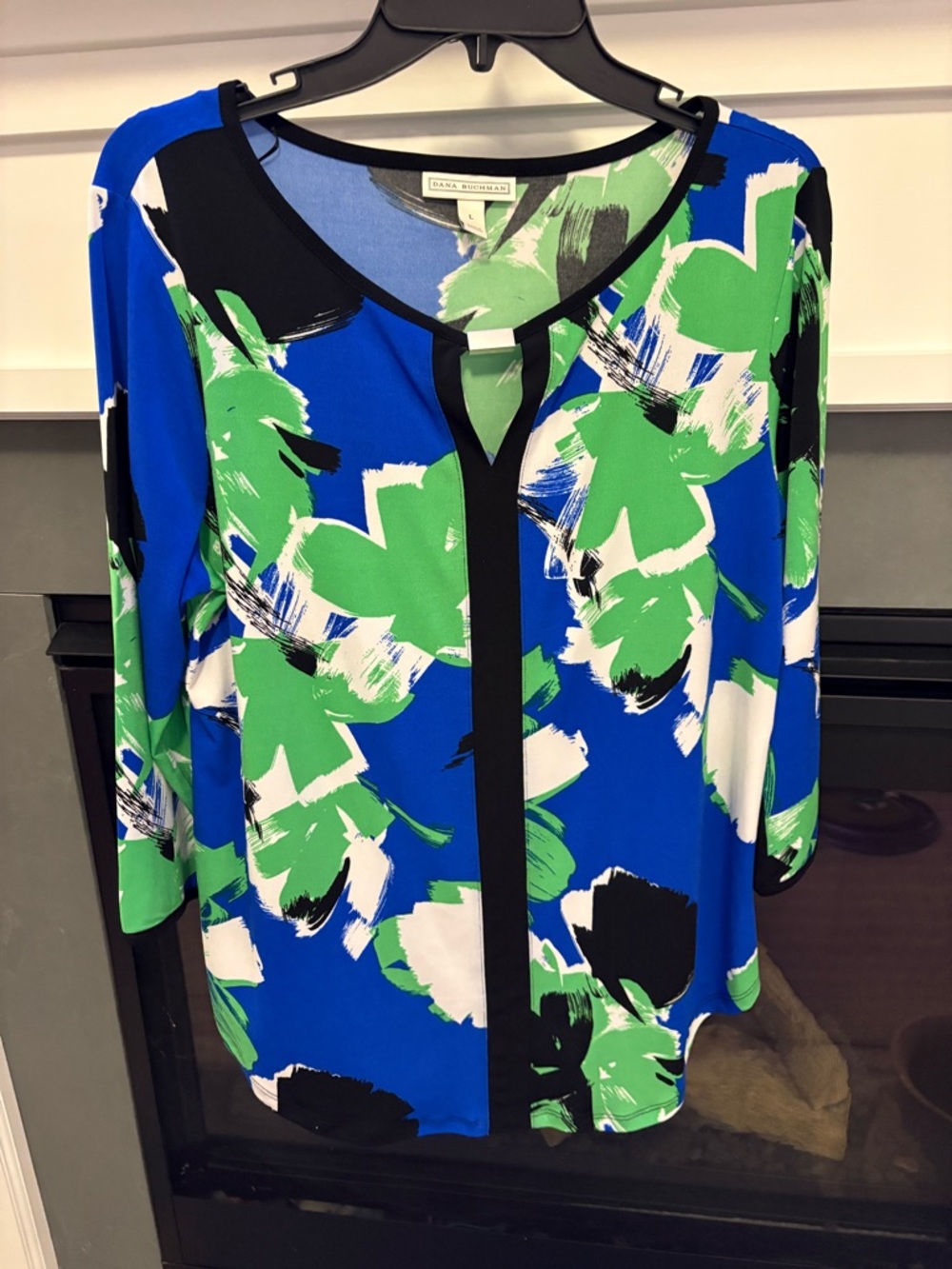 Dana Buchman Royal Blue & Green Abstract Floral Tunic with Black Trim, Size L